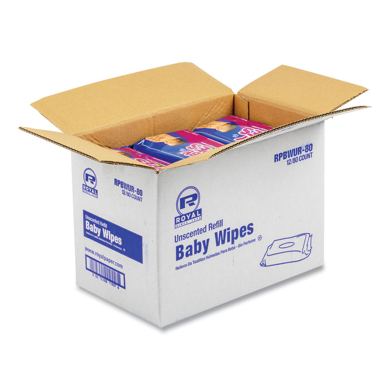 AmerCareRoyal Baby Wipes Refill Pack, 8 x 7, White, 80/Pack, 12 Packs/Carton