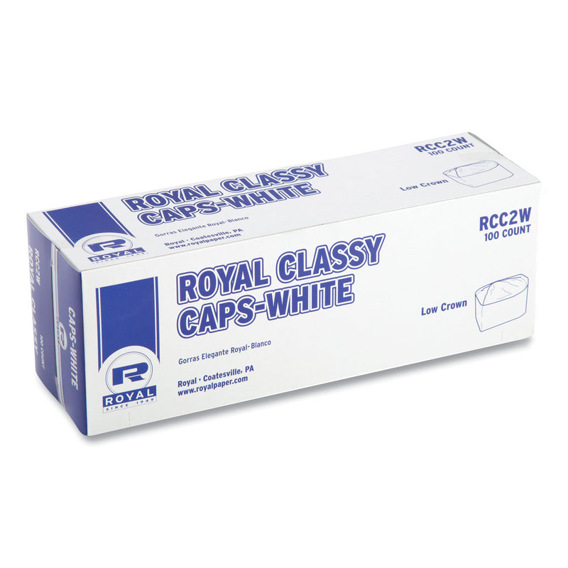 AmerCareRoyal Classy Cap, Crepe Paper, Adjustable, One Size Fits All, White, 100 Caps/Pack, 10 Packs/Carton