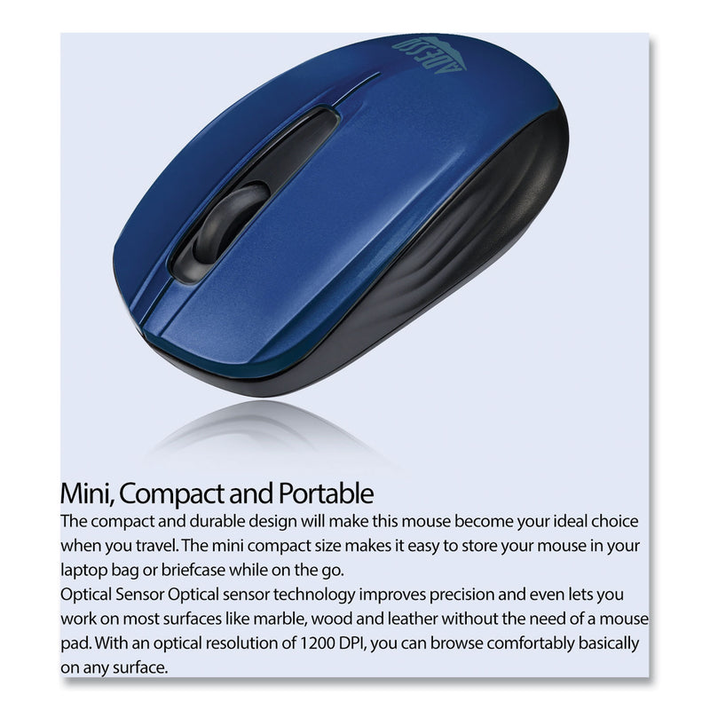 Adesso iMouse S50 Wireless Mini Mouse, 2.4 GHz Frequency/33 ft Wireless Range, Left/Right Hand Use, Blue