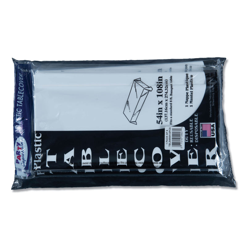 Tablemate Table Set Rectangular Table Cover, Heavyweight Plastic, 54" x 108", White, 6/Pack