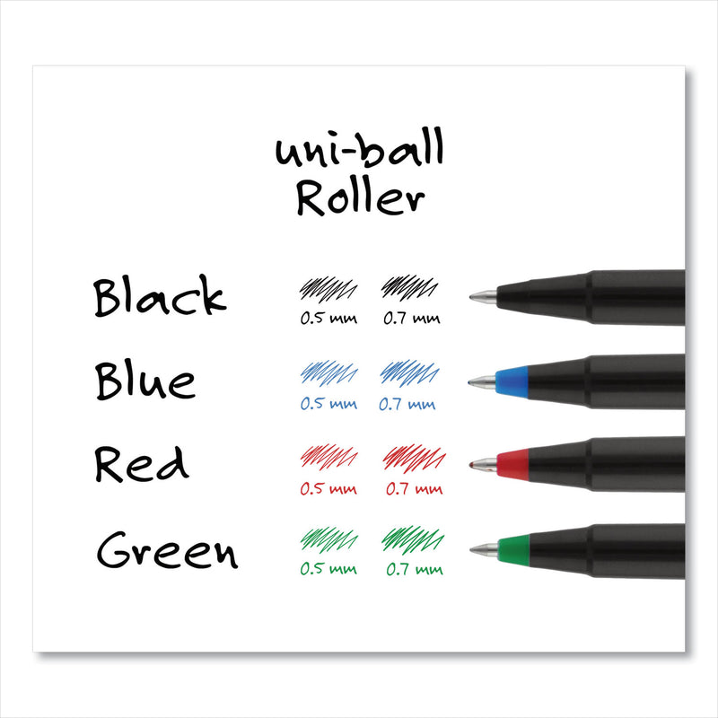 uniball Roller Ball Pen, Stick, Micro 0.5 mm, Blue Ink, Black Barrel, 72/Pack