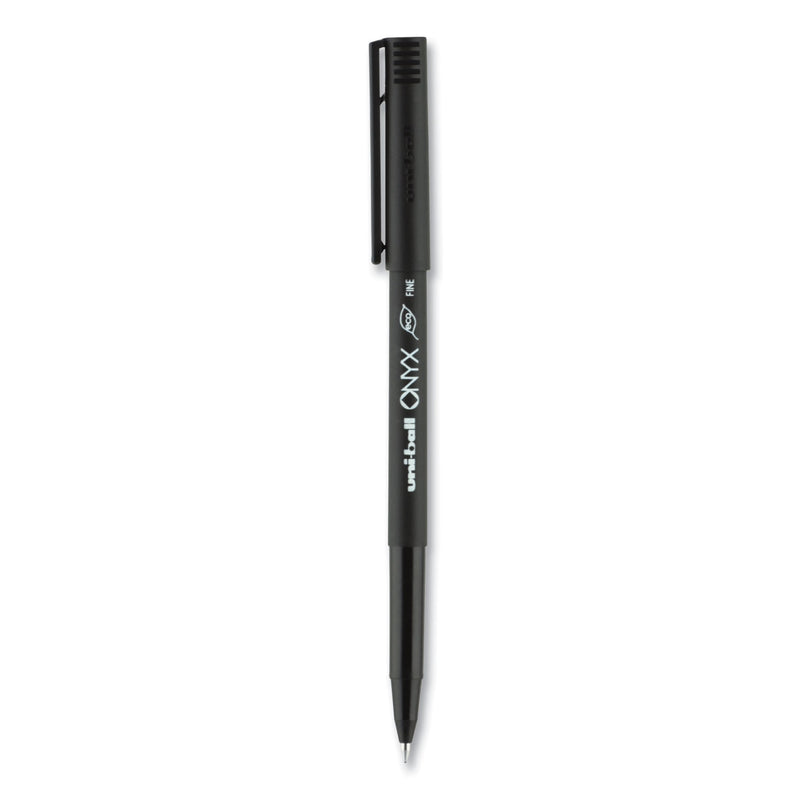 uniball ONYX Roller Ball Pen, Stick, Fine 0.7 mm, Blue Ink, Black Matte Barrel, Dozen