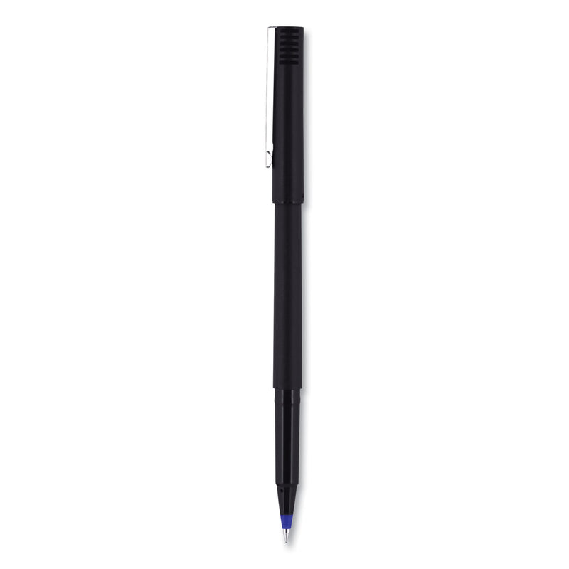 uniball Roller Ball Pen, Stick, Micro 0.5 mm, Blue Ink, Black Matte Barrel, Dozen