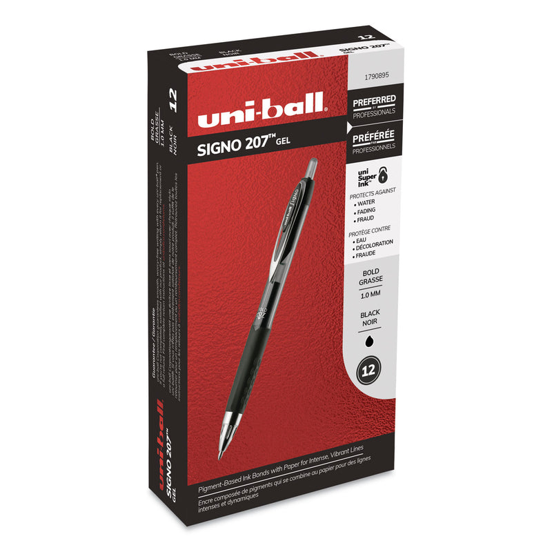 uniball Signo 207 Gel Pen, Retractable, Bold 1 mm, Black Ink, Translucent Black Barrel, Dozen