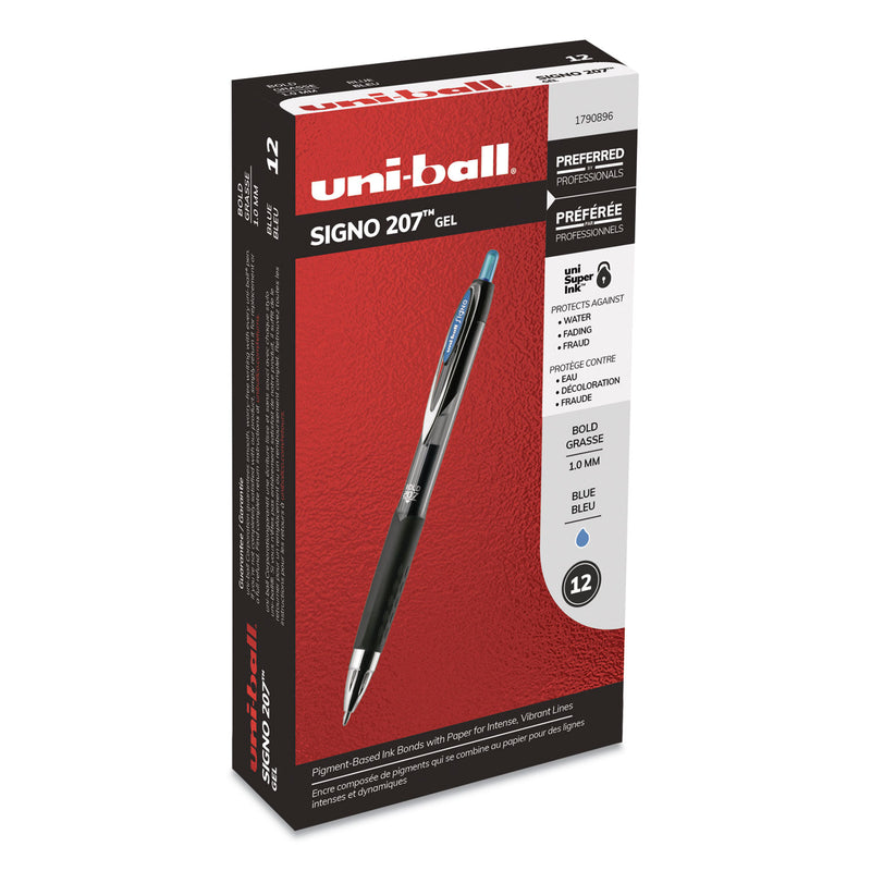uniball Signo 207 Gel Pen, Retractable, Bold 1 mm, Blue Ink, Black/Blue Barrel, Dozen