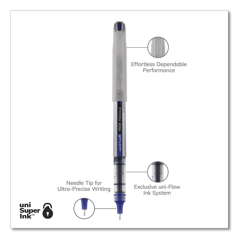 uniball VISION Needle Roller Ball Pen, Stick, Fine 0.7 mm, Blue Ink, Silver Barrel, Dozen