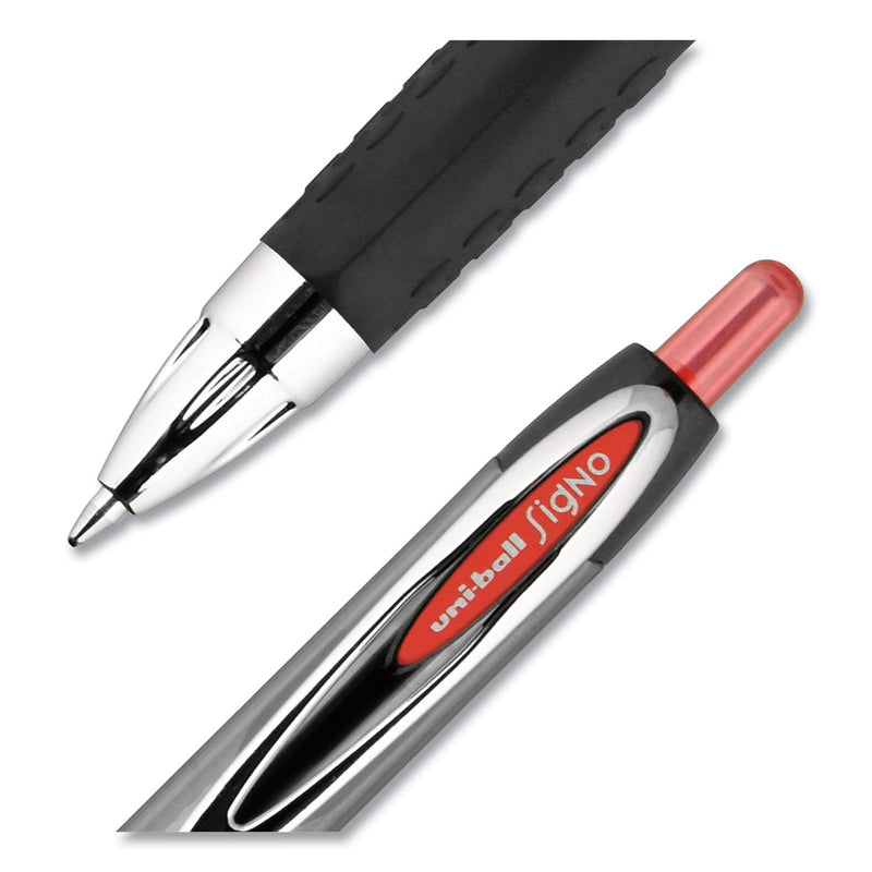 uniball Signo 207 Gel Pen, Retractable, Medium 0.7 mm, Red Ink, Smoke/Black/Red Barrel, Dozen