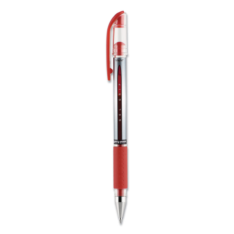 uniball Signo GRIP Gel Pen, Stick, Medium 0.7 mm, Red Ink, Silver/Red Barrel, Dozen