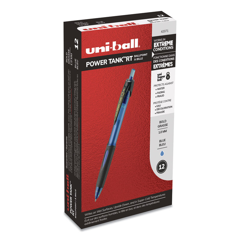 uniball Power Tank RT Ballpoint Pen, Retractable, Bold 1 mm, Blue Ink, Translucent Blue Barrel, Dozen