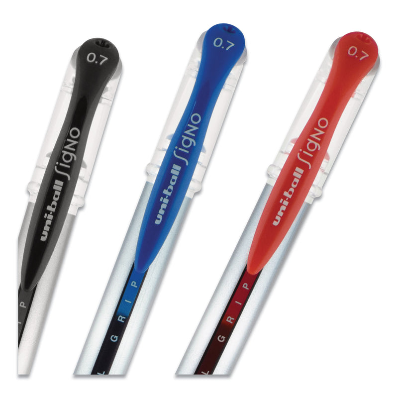 uniball Signo GRIP Gel Pen, Stick, Medium 0.7 mm, Black Ink, Silver/Black Barrel, Dozen