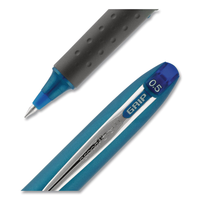 uniball Grip Roller Ball Pen, Stick, Micro 0.5 mm, Blue Ink, Blue Barrel, Dozen