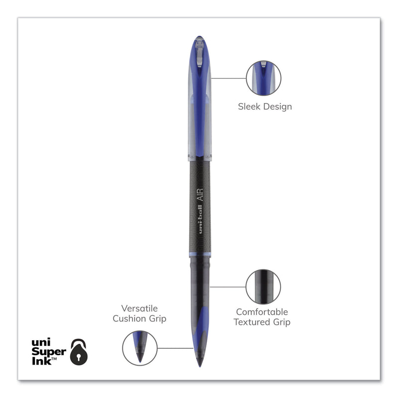 uniball AIR Porous Roller Ball Pen, Stick, Medium 0.7 mm, Blue Ink, Black Barrel, Dozen