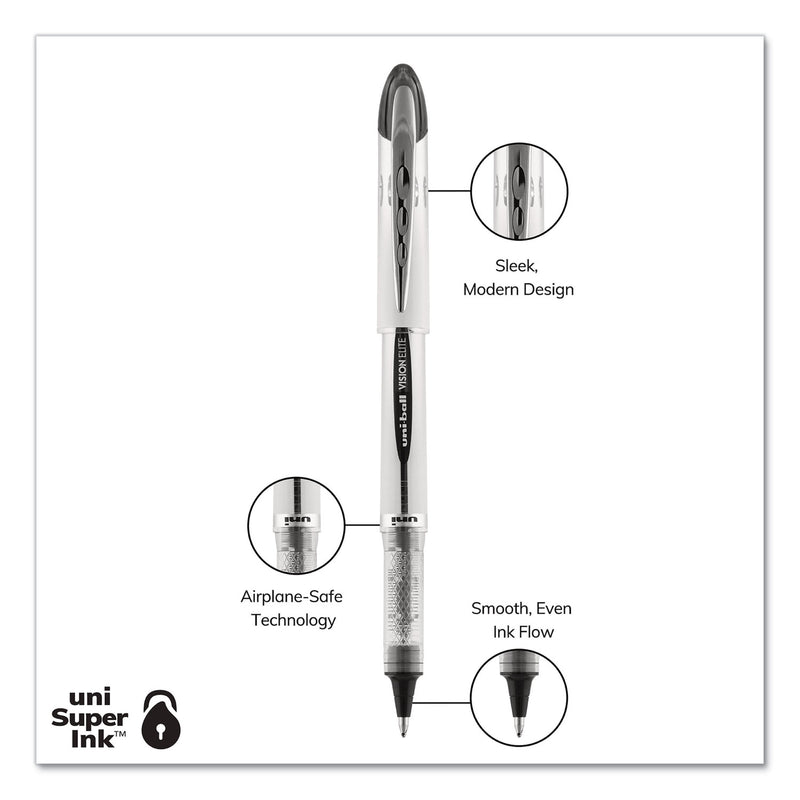 uniball VISION ELITE Roller Ball Pen, Stick, Bold 0.8 mm, Black Ink, White/Black Barrel