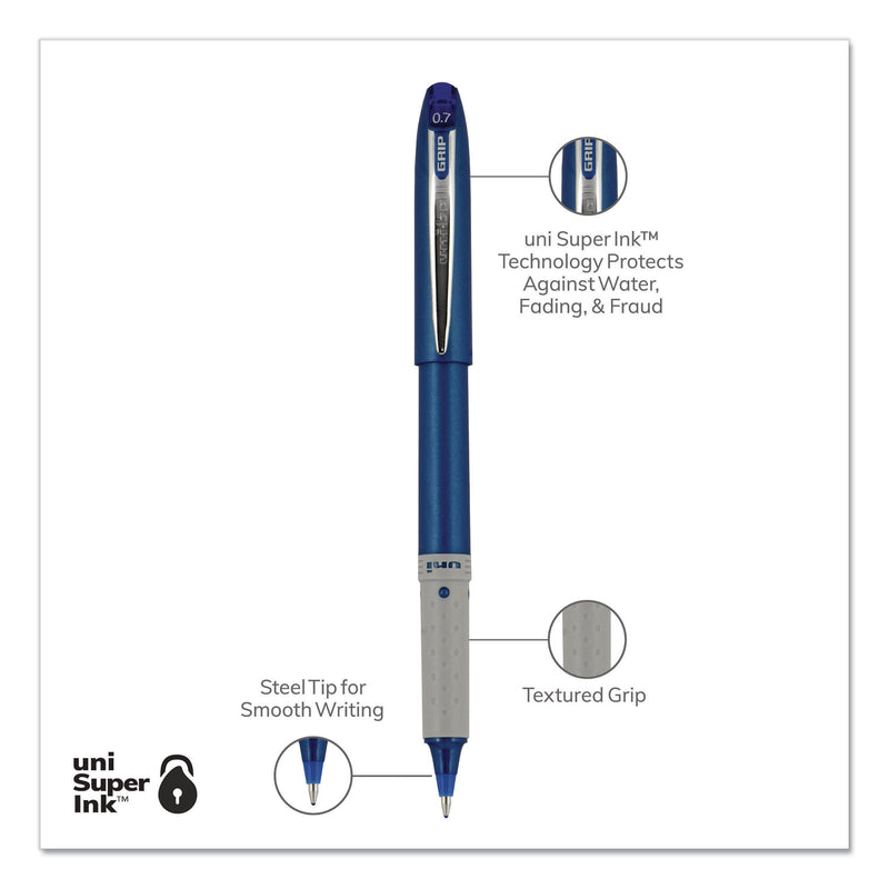 uniball Grip Roller Ball Pen, Stick, Fine 0.7 mm, Blue Ink, Blue Barrel, Dozen