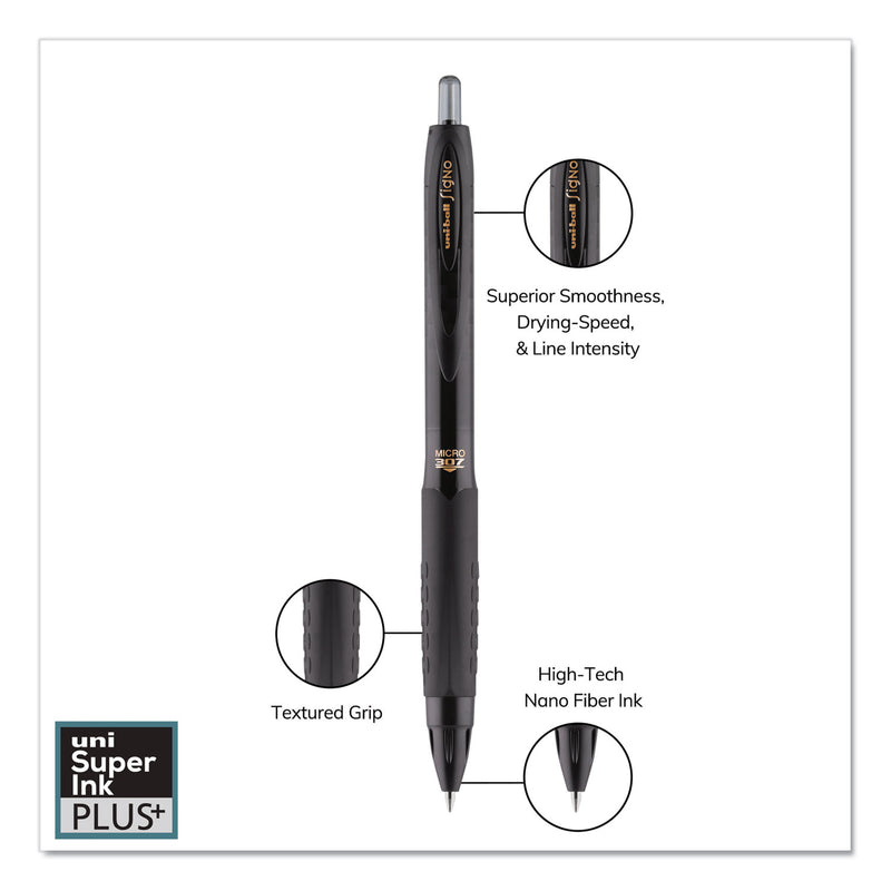 uniball 307 Gel Pen, Retractable, Micro 0.5 mm, Black Ink, Black Barrel, Dozen