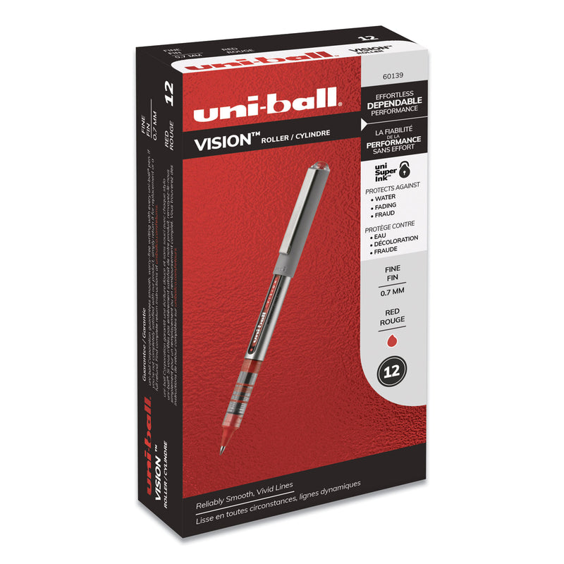 uniball VISION Roller Ball Pen, Stick, Fine 0.7 mm, Red Ink, Gray/Red Barrel, Dozen