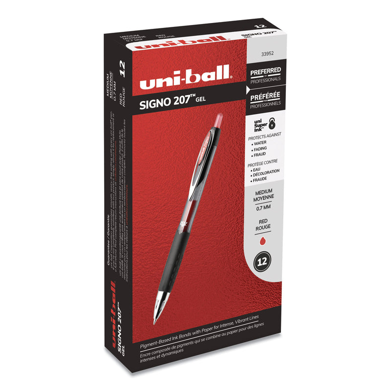 uniball Signo 207 Gel Pen, Retractable, Medium 0.7 mm, Red Ink, Smoke/Black/Red Barrel, Dozen