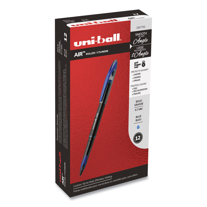 uniball AIR Porous Roller Ball Pen, Stick, Medium 0.7 mm, Blue Ink, Black Barrel, Dozen