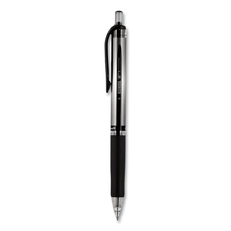 uniball Signo Gel Pen, Retractable, Medium 0.7 mm, Black Ink, Black/Metallic Accents Barrel, Dozen