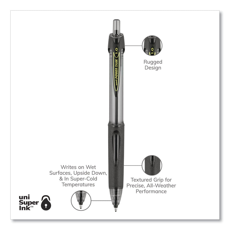 uniball Power Tank RT Ballpoint Pen, Retractable, Bold 1 mm, Black Ink, Smoke/Black Barrel, Dozen