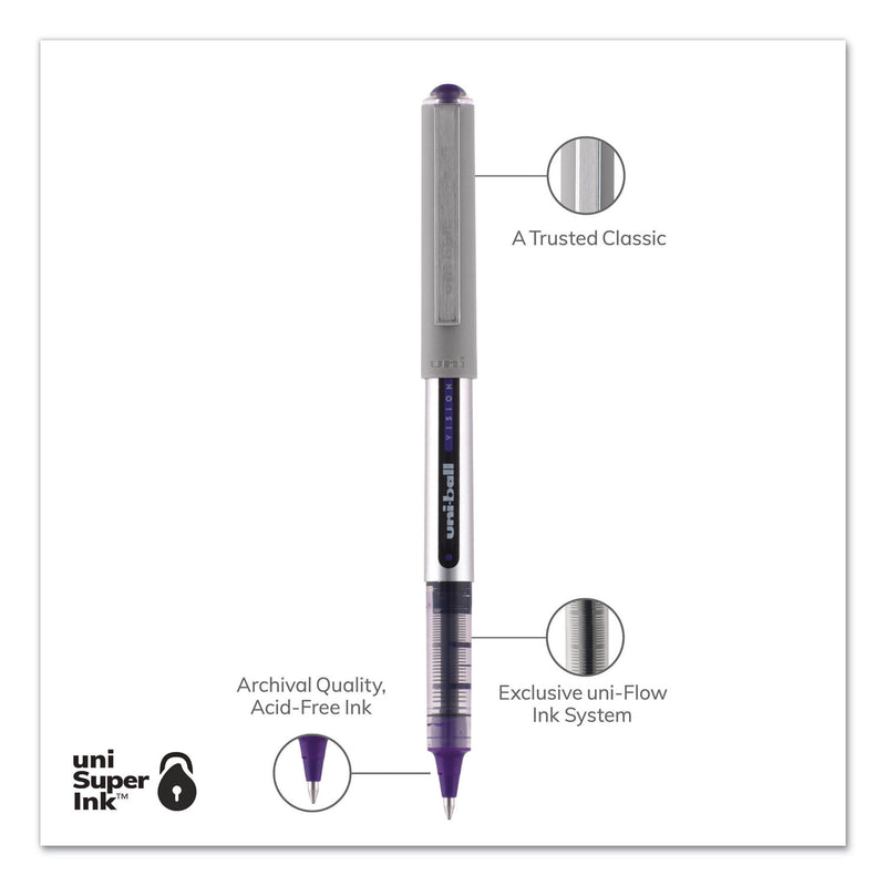 uniball VISION Roller Ball Pen, Stick, Fine 0.7 mm, Majestic Purple Ink, Gray Barrel, Dozen