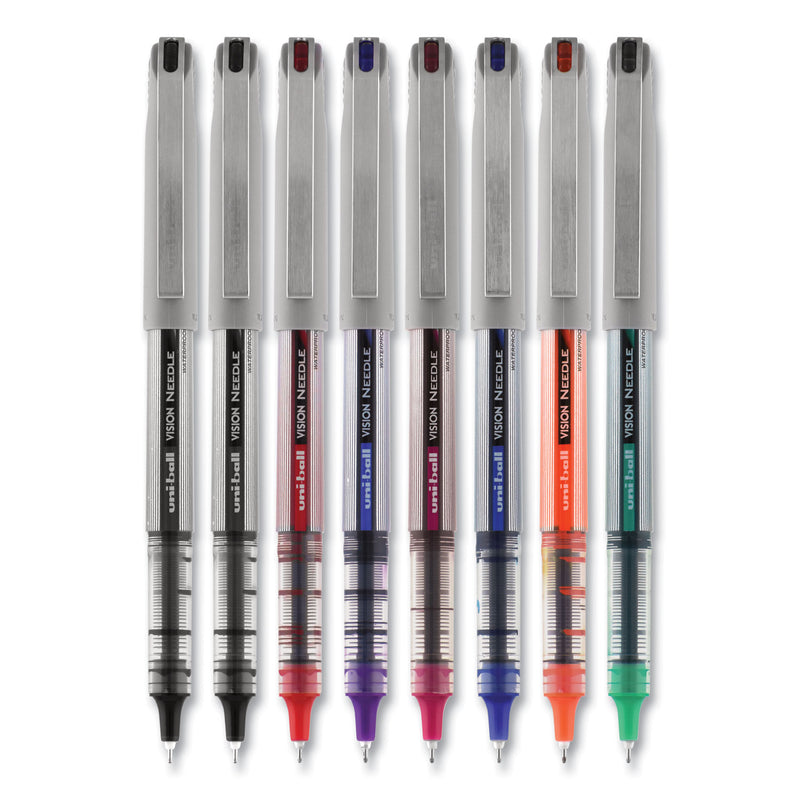 uniball VISION Needle Roller Ball Pen, Stick, Fine 0.7 mm, Assorted Ink Colors, Silver Barrel, 8/Pack