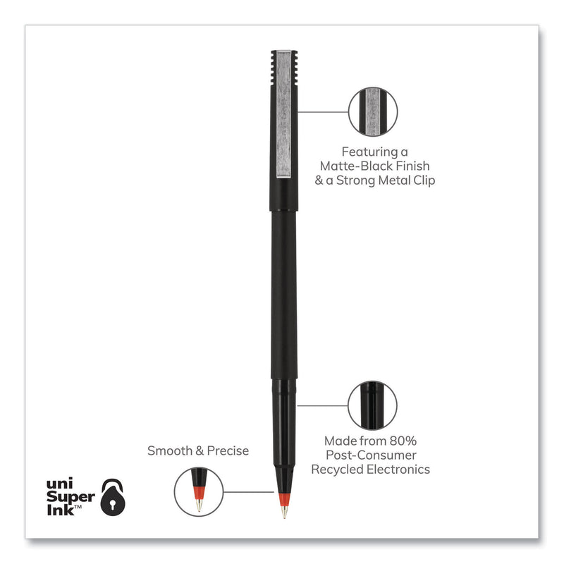 uniball Roller Ball Pen, Stick, Micro 0.5 mm, Red Ink, Black Matte Barrel, Dozen