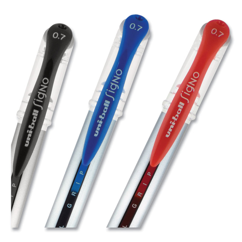 uniball Signo GRIP Gel Pen, Stick, Medium 0.7 mm, Blue Ink, Silver/Blue Barrel, Dozen