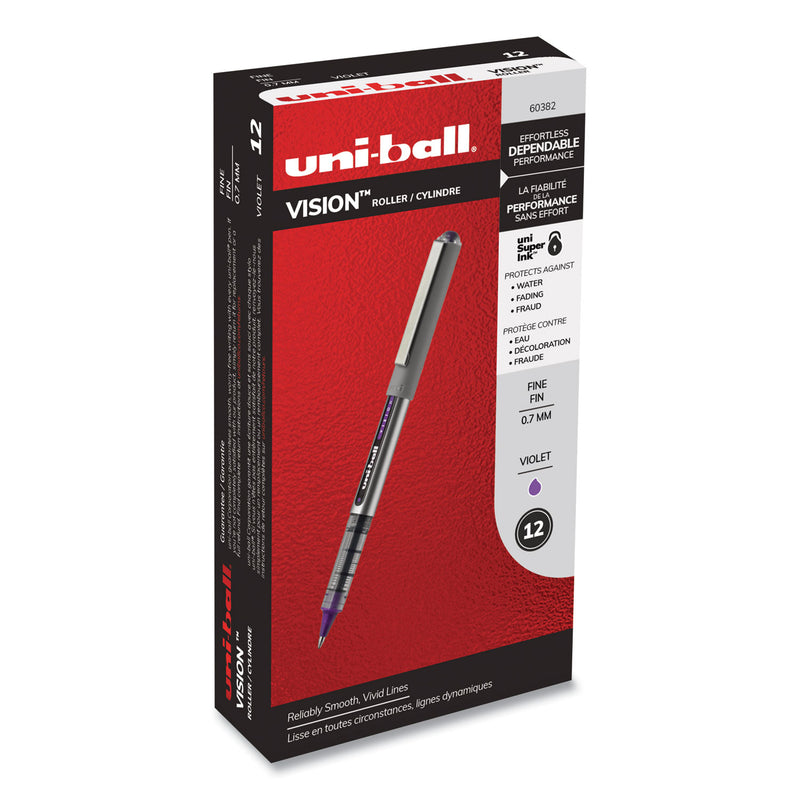 uniball VISION Roller Ball Pen, Stick, Fine 0.7 mm, Majestic Purple Ink, Gray Barrel, Dozen