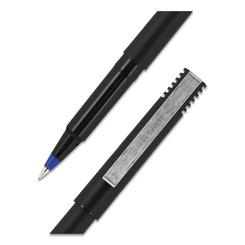 uniball Roller Ball Pen, Stick, Micro 0.5 mm, Blue Ink, Black Matte Barrel, Dozen