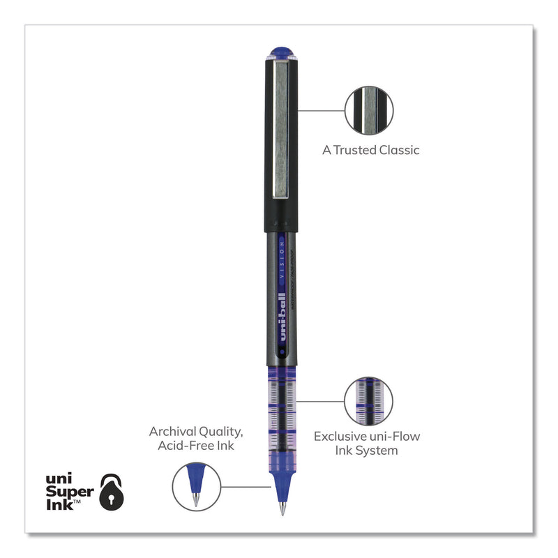 uniball VISION Roller Ball Pen, Stick, Micro 0.5 mm, Blue Ink, Blue/Gray Barrel, Dozen