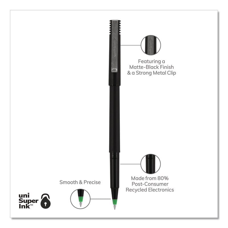 uniball Roller Ball Pen, Stick, Micro 0.5 mm, Green Ink, Black Matte Barrel, Dozen