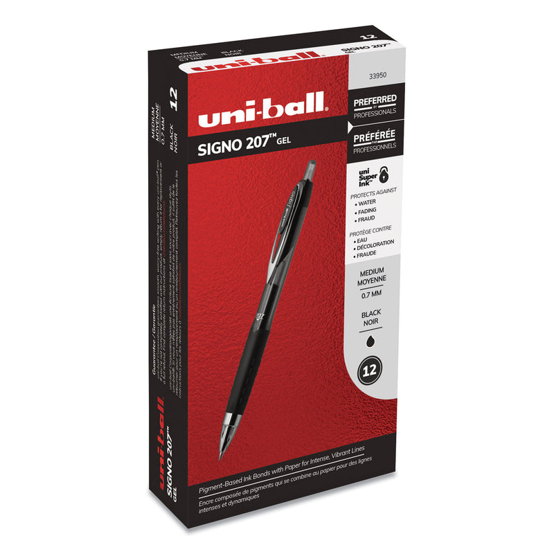 uniball Signo 207 Gel Pen, Retractable, Medium 0.7 mm, Black Ink, Smoke/Black Barrel, Dozen