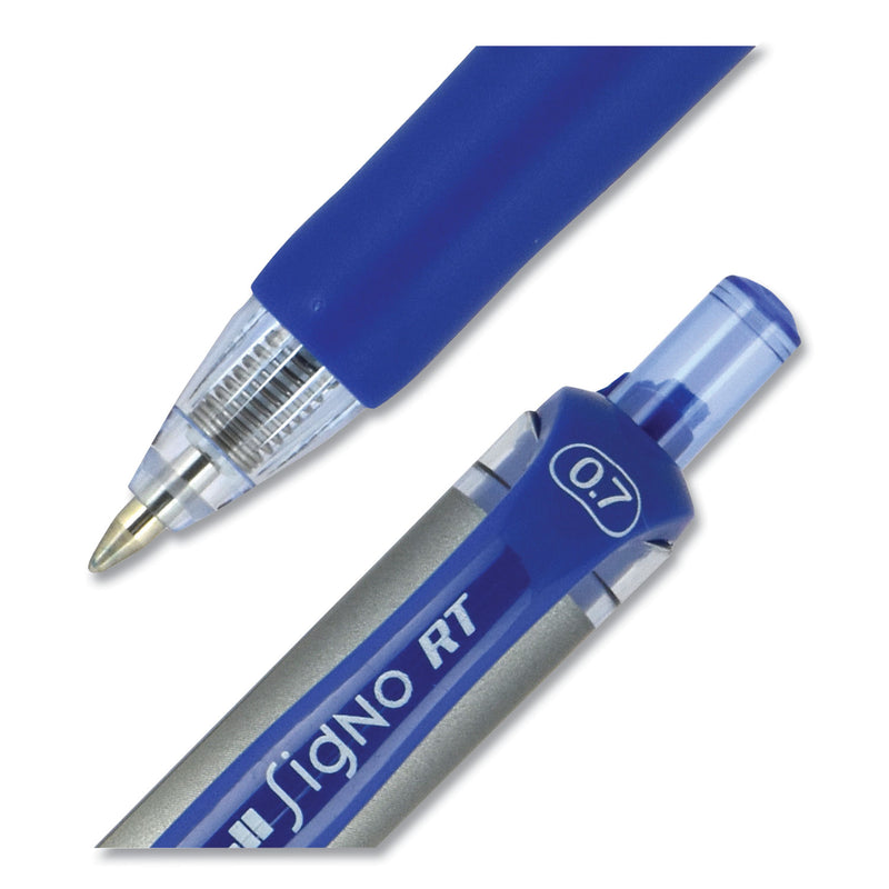 uniball Signo Gel Pen, Retractable, Medium 0.7 mm, Blue Ink, Blue/Metallic Accents Barrel, Dozen