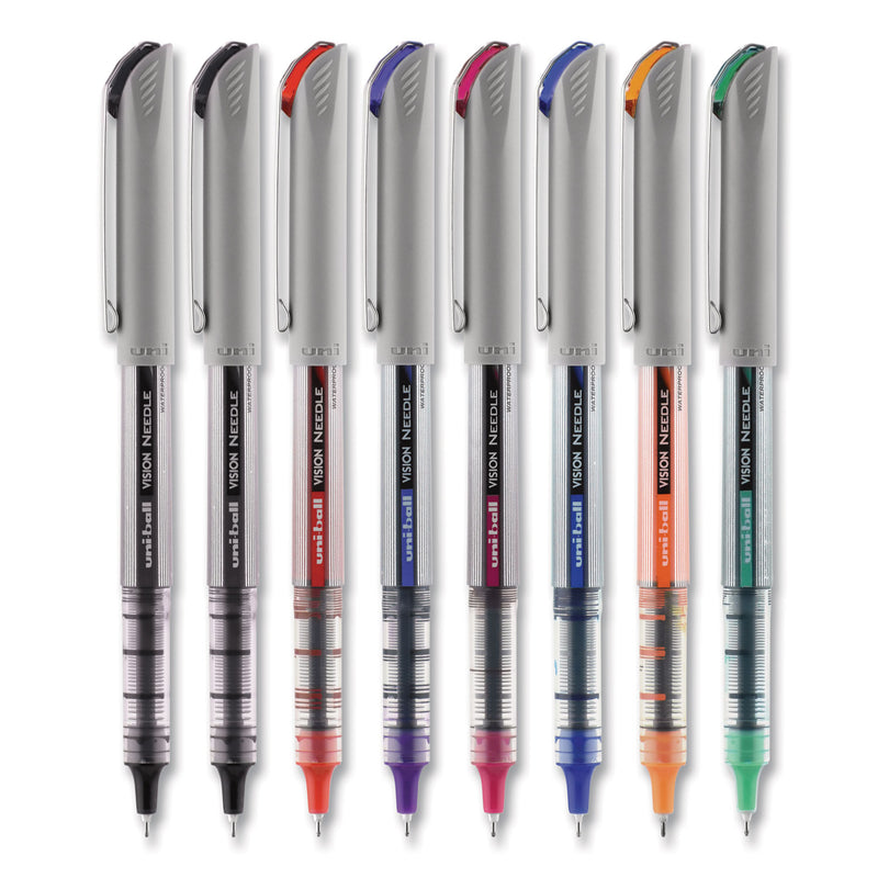 uniball VISION Needle Roller Ball Pen, Stick, Fine 0.7 mm, Assorted Ink Colors, Silver Barrel, 8/Pack