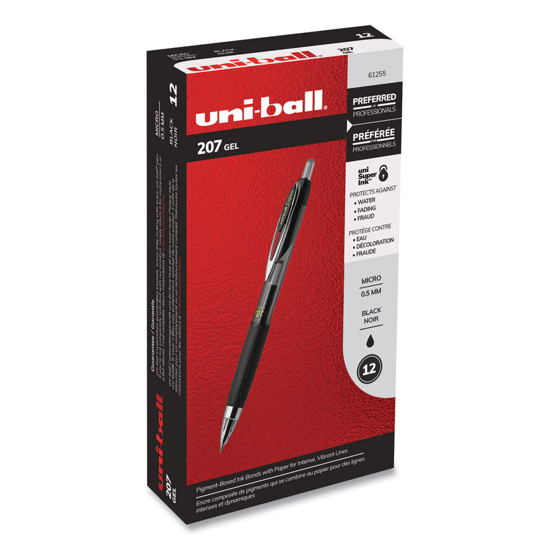 uniball Signo 207 Gel Pen, Retractable, Micro 0.5 mm, Black Ink, Smoke/Black Barrel, Dozen
