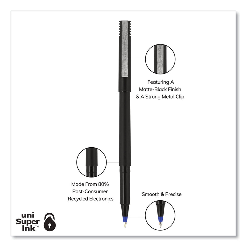 uniball Roller Ball Pen, Stick, Micro 0.5 mm, Blue Ink, Black Barrel, 72/Pack
