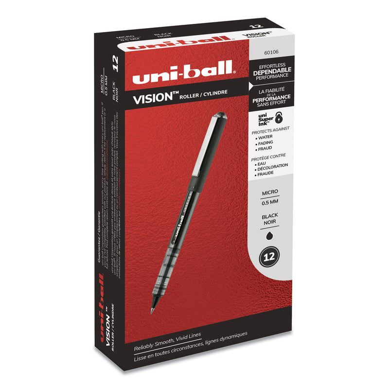 uniball VISION Roller Ball Pen, Stick, Micro 0.5 mm, Black Ink, Black/Gray Barrel, Dozen