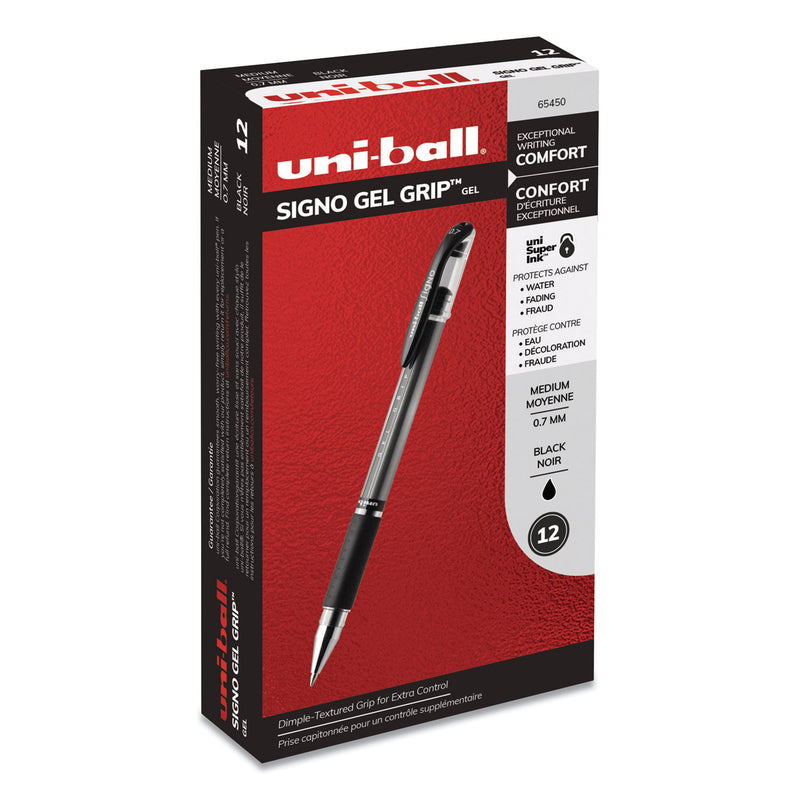 uniball Signo GRIP Gel Pen, Stick, Medium 0.7 mm, Black Ink, Silver/Black Barrel, Dozen