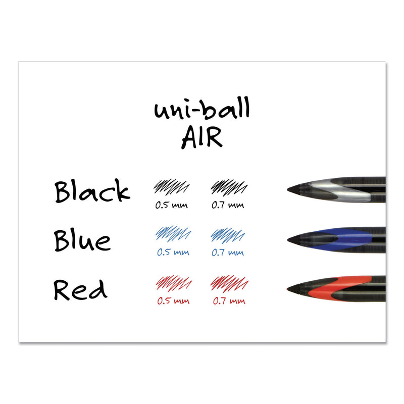 uniball AIR Porous Roller Ball Pen, Stick, Medium 0.7 mm, Blue Ink, Black Barrel, Dozen