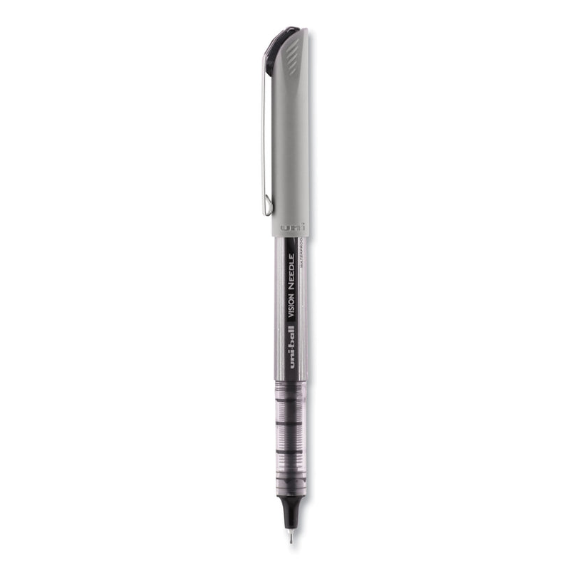 uniball VISION Needle Roller Ball Pen, Stick, Fine 0.7 mm, Black Ink, Silver Barrel, Dozen