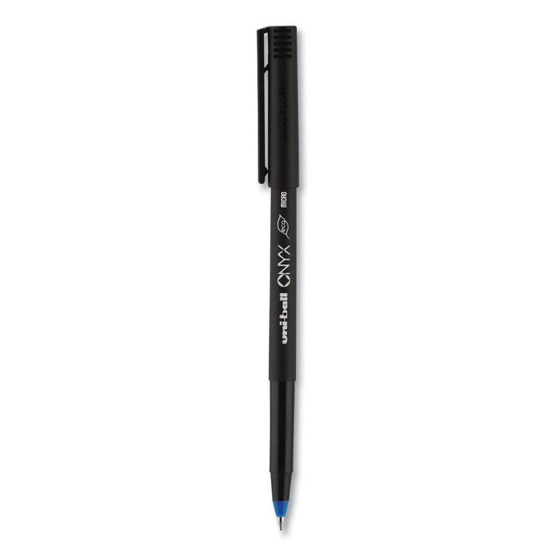 uniball ONYX Roller Ball Pen, Stick, Micro 0.5 mm, Blue Ink, Black Matte Barrel, Dozen