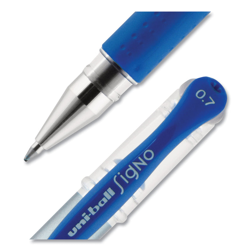 uniball Signo GRIP Gel Pen, Stick, Medium 0.7 mm, Blue Ink, Silver/Blue Barrel, Dozen