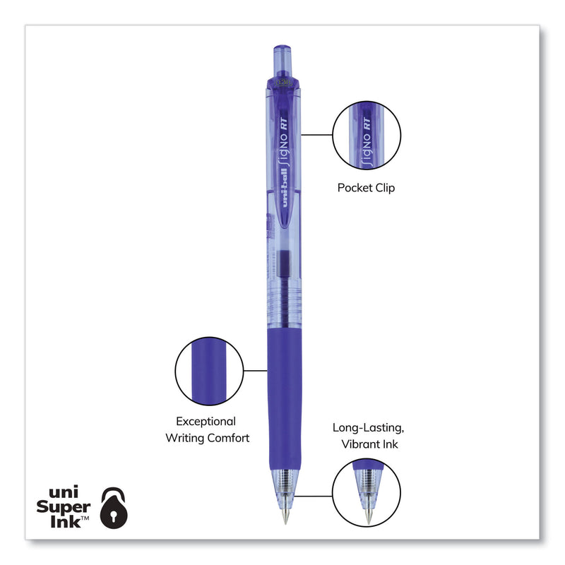 uniball Signo Gel Pen, Retractable, Medium 0.7 mm, Blue Ink, Blue/Metallic Accents Barrel, Dozen