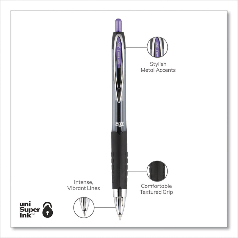 uniball Signo 207 Gel Pen, Retractable, Medium 0.7 mm, Purple Ink, Smoke/Black/Purple Barrel, Dozen