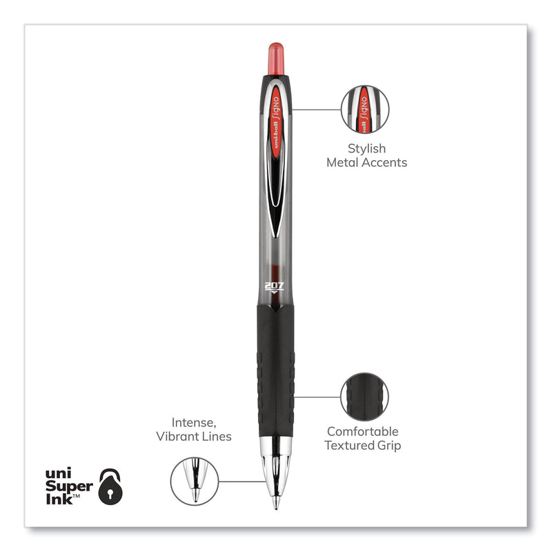 uniball Signo 207 Gel Pen, Retractable, Medium 0.7 mm, Red Ink, Smoke/Black/Red Barrel, Dozen