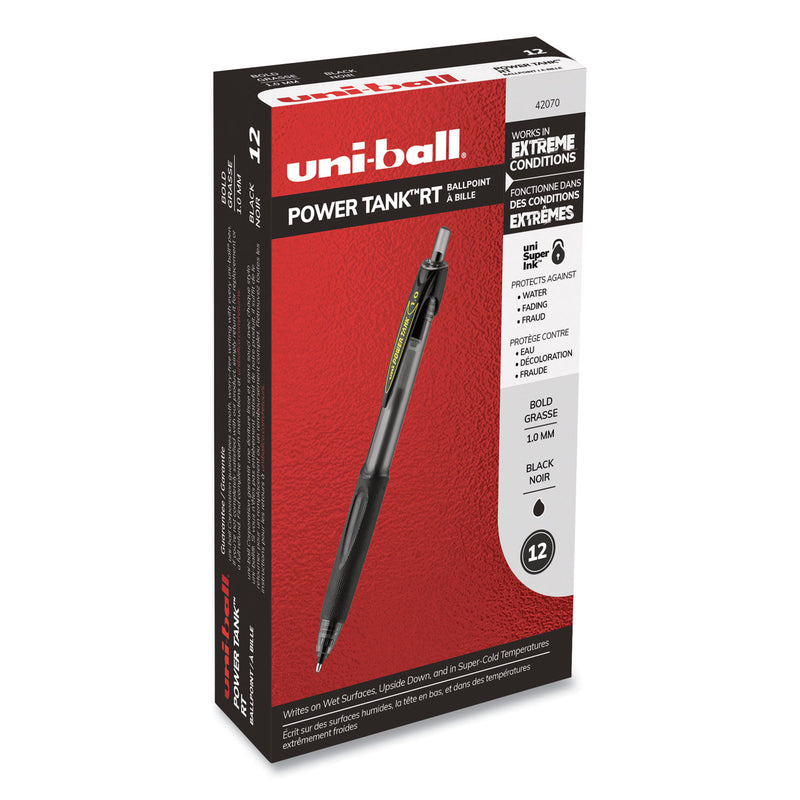 uniball Power Tank RT Ballpoint Pen, Retractable, Bold 1 mm, Black Ink, Smoke/Black Barrel, Dozen
