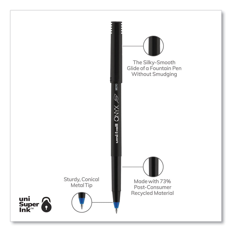 uniball ONYX Roller Ball Pen, Stick, Micro 0.5 mm, Blue Ink, Black Matte Barrel, Dozen