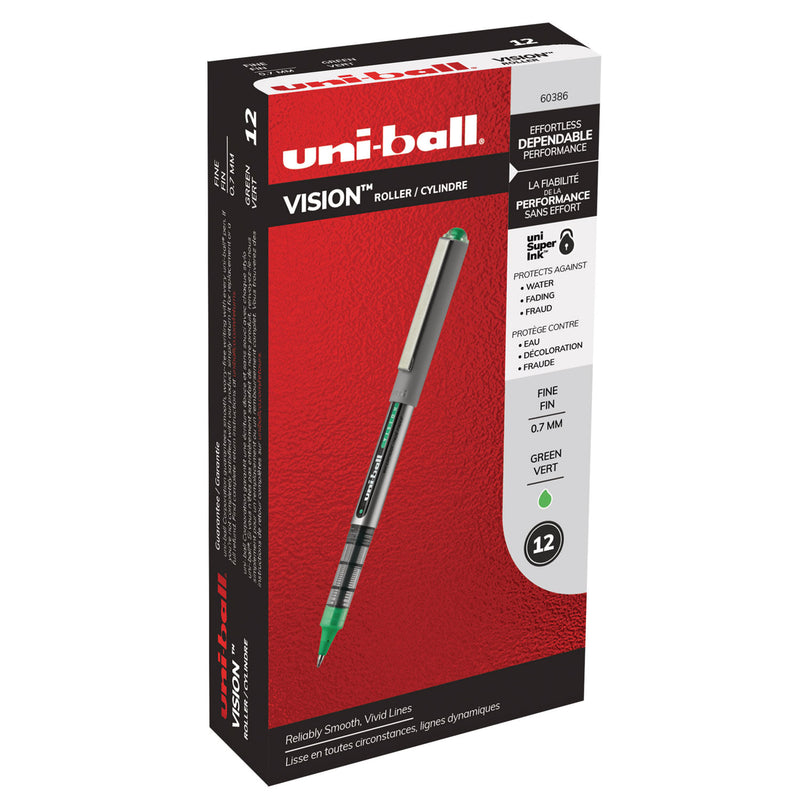 uniball VISION Roller Ball Pen, Stick, Fine 0.7 mm, Evergreen Ink, Gray Barrel, Dozen