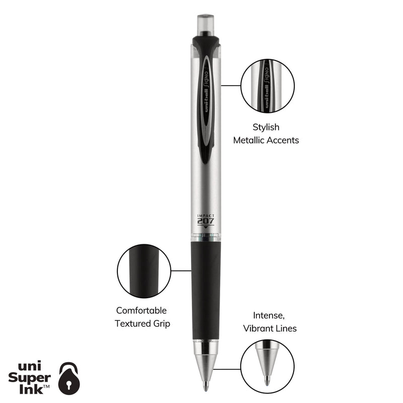 uniball 207 Impact Gel Pen, Retractable, Bold 1 mm, Black Ink, Black Barrel